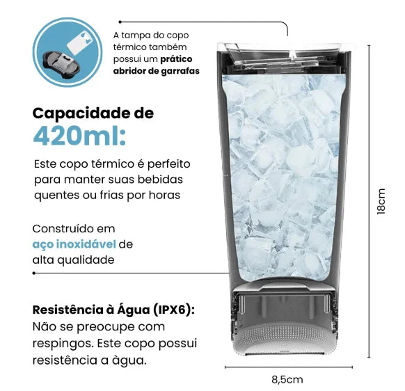 Caneca Térmica Inox 420ml com Bluetooth e LED!